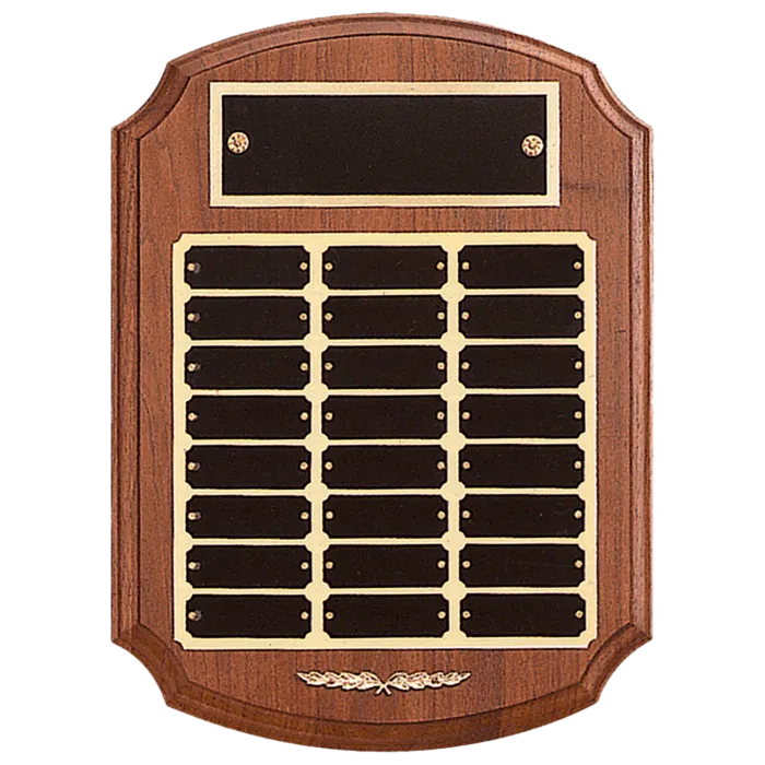 11" x 15" American Walnut 24 Plate Perpetual Plaque with Black Laserable Brass Plates/Gold Trim