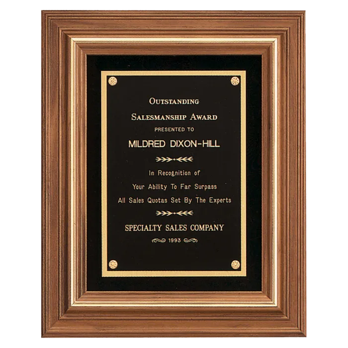 13" x 16" American Walnut Framed Plaque w/Gold Trim & Black Velour Back, Black Brass Plate