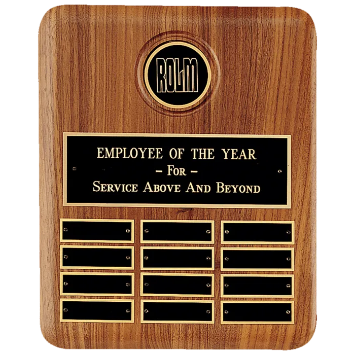 10 1/2" x 13" American Walnut 12 Plate Perpetual Plaque w/2 1/2" Black Brass Disc, Brass Plate