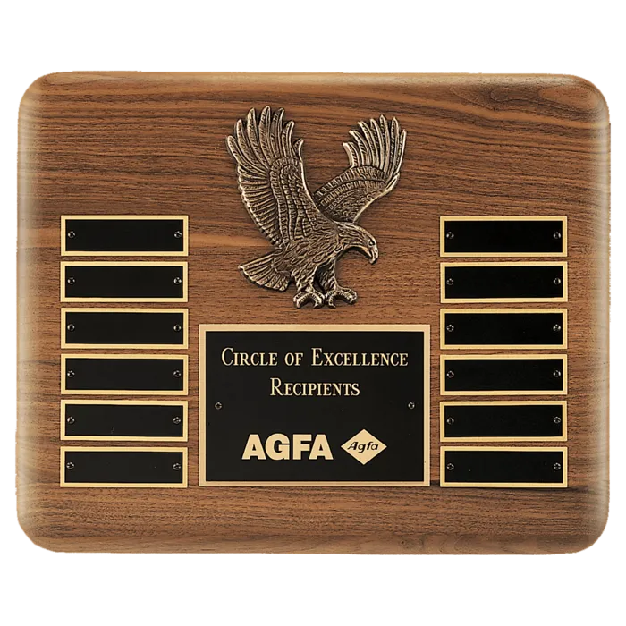 13" X 10 1/2" Solid American Walnut Plaque with Finely Detailed Antique Bronze Eagle Casting and Black LaserFX Header and 12 Perpetual Plates