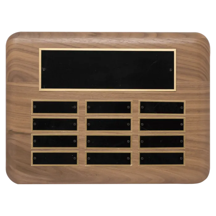 9" x 12"/Plates 7/8" x 2 3/4" American Walnut 12 Plate Perpetual Plaque with Black Brass Plated Steel Plates