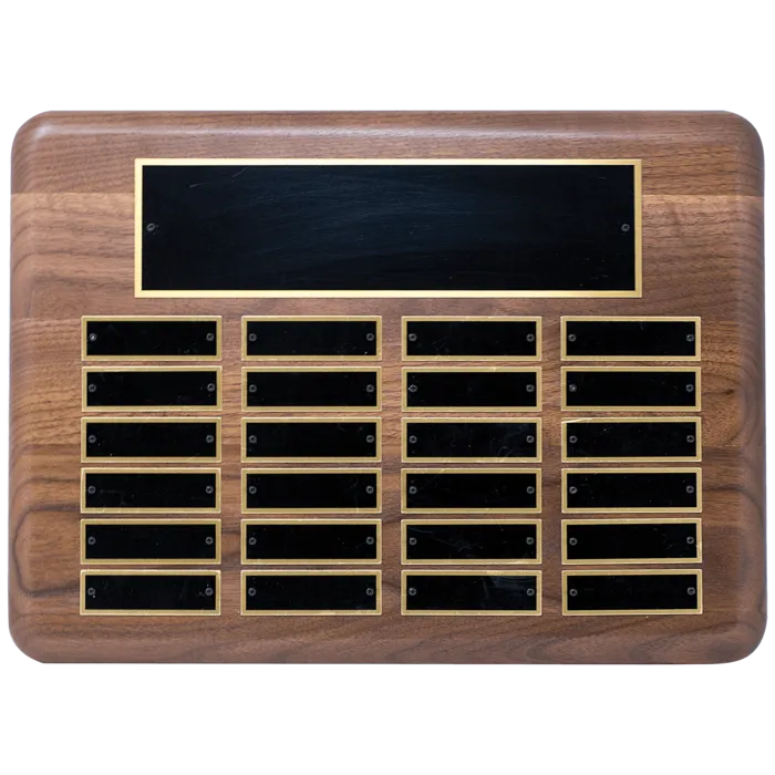 11" x 15" American Walnut 24 Plate Perpetual Plaque with Black Brass Plated Steel Plates