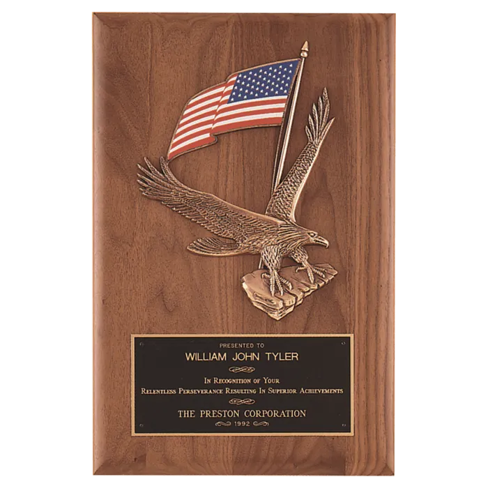 8" x 10 1/2" Solid American Walnut Plaque with Finely Detailed Eagle with American Flag Relief and Black Laserable Brass Plate