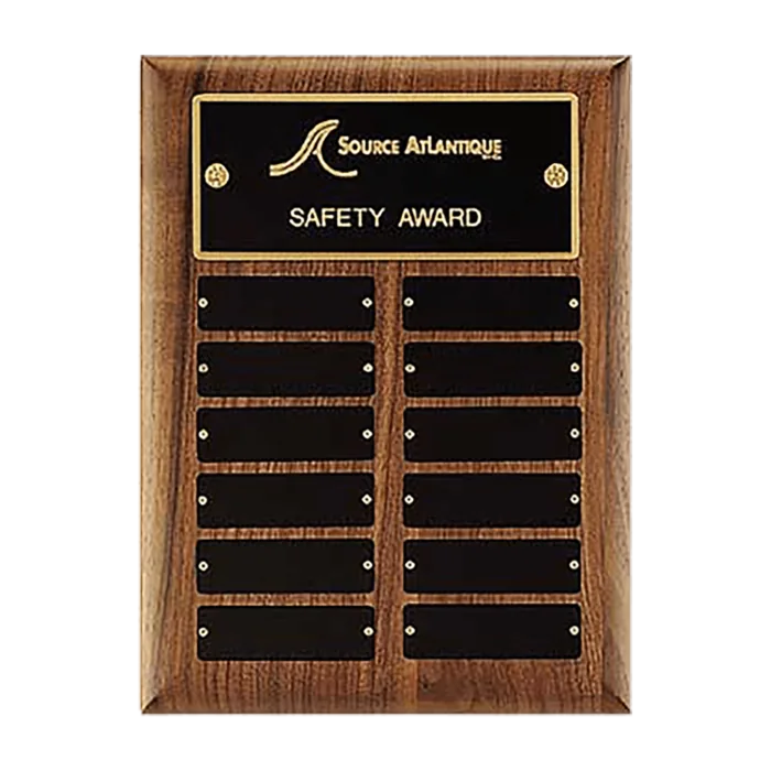 9" x 12"/Plates 1" x 3 1/4" American Walnut 12 Plate Perpetual Plaque with Black Brass Plates