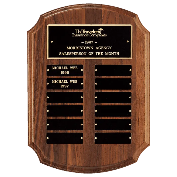 11" x 15" American Walnut 12 Plate Perpetual Plaque with Black Brass Plates