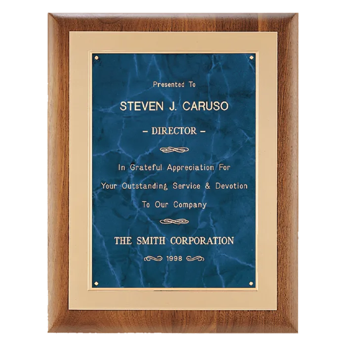 11" x 14" Airflyte Walnut Frame with Brushed Gold Metal Background and Sapphire Marble LaserFX Plate