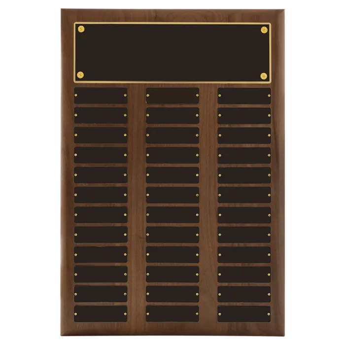 14" x 20"/Plates 1" x 3 1/4" American Walnut 36 Plate Perpetual Plaque with Black Brass Plates