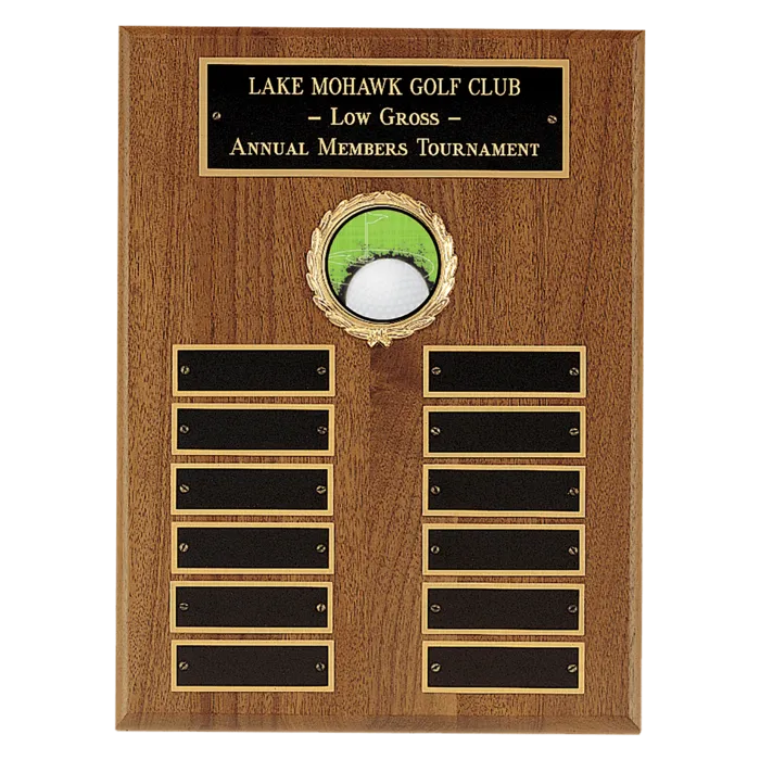 9" x 12" American Walnut Perpetual Plaque with 12 Gold Border Black Laserable Brass Plates and 2" Insert Holder- Witney Series