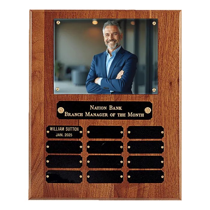 10 1/2" x 13" American Walnut 12 Plate Photo Plaque w/Black Brass Plates-Holds 5" x 7" Photo