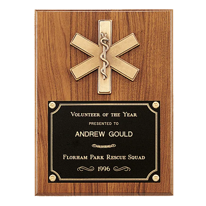 9" x 12" Walnut Plaque with Gold EMT Star of Life and Black Brass Plate