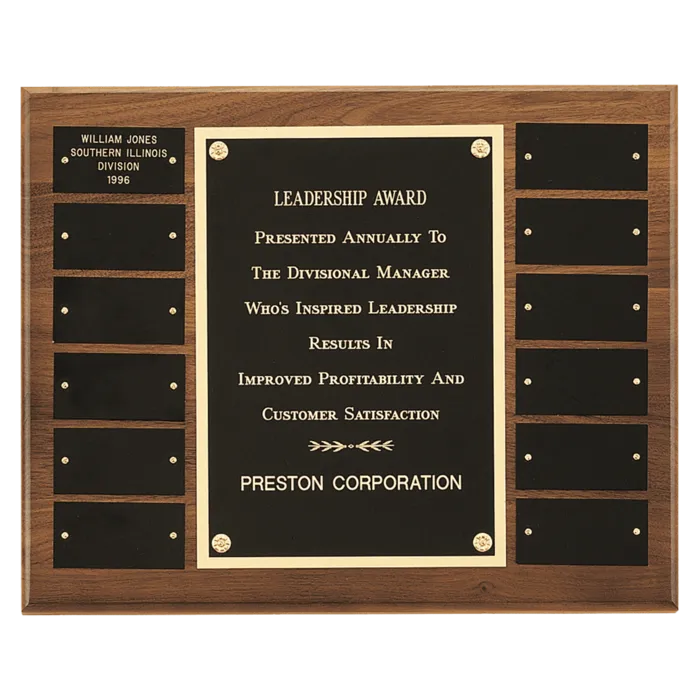 12" x 15"/Plates 1 1/2" x 3" American Walnut 12 Plate Perpetual Plaque with Black Brass Plates