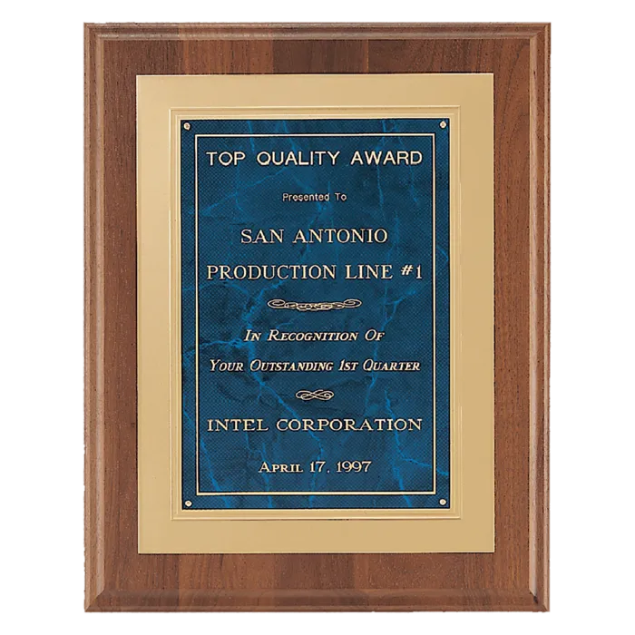 12" x 15" American Walnut Step Edge Plaque with Sapphire Marble Gold Framed LaserFX Plate