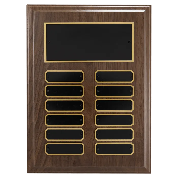 9" x 12"/Plates 7/8" x 2 3/4" Walnut Step-Edge 12 Plate Perpetual Plaque with Black Brass Plate