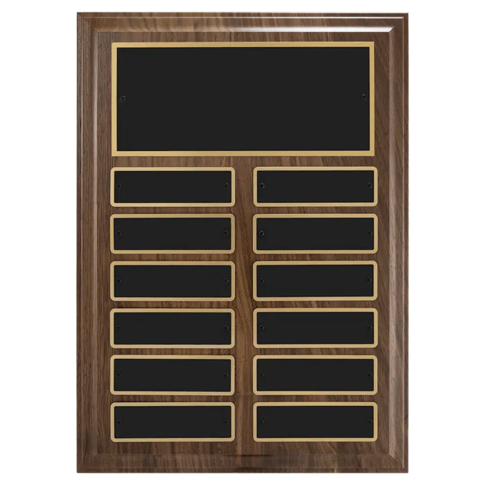 9" x 12"/Plates 1" x 3 1/4" Walnut Step-Edge 12 Plate Perpetual Plaque with Black Brass Plate