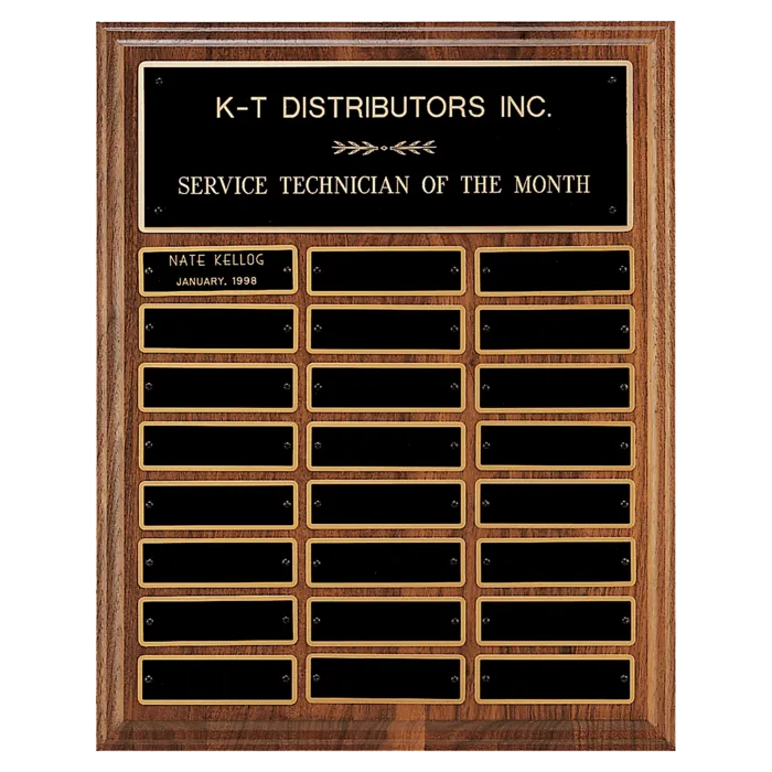 12" x 15"/Plates 1" x 3 1/4" Walnut Step-Edge 24 Plate Perpetual Plaque with Black Brass Plate