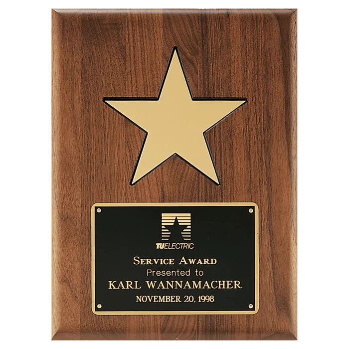 9" X 12" Gold Aluminum Star on a Solid Walnut Plaque with Black Recessed Area and Black LaserFX Plate