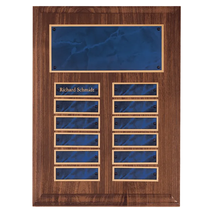 9" x 12" American Walnut 12 Plate Perpetual Plaque with Sapphire Marble Brass Plates