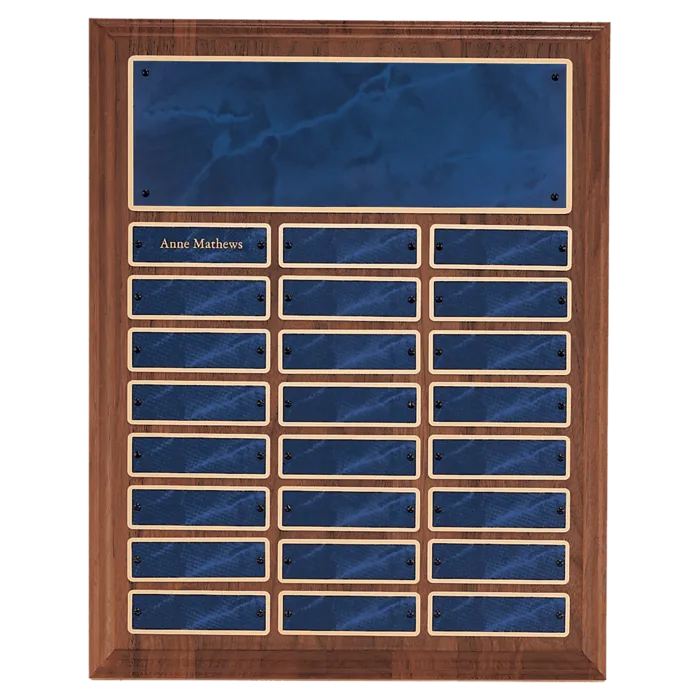 12" x 15"/Plates 1" x 3 1/4" American Walnut 24 Plate Perpetual Plaque with Sapphire Marble Brass Plates