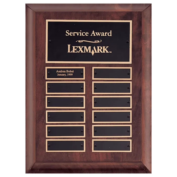 9" x 12" Airflyte Cherry Finish Perpetual Plaque with 12 Gold Border Black Laserable Brass Perpetual Plates