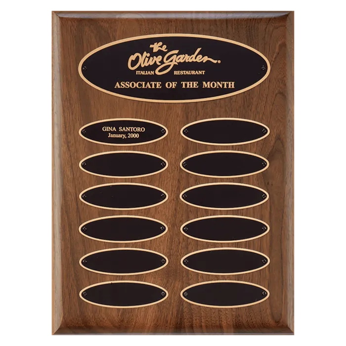 9" x 12"/Plates 1" x 3 1/4" American Walnut 12 Plate Perpetual Plaque with Black Brass Elliptical Plates
