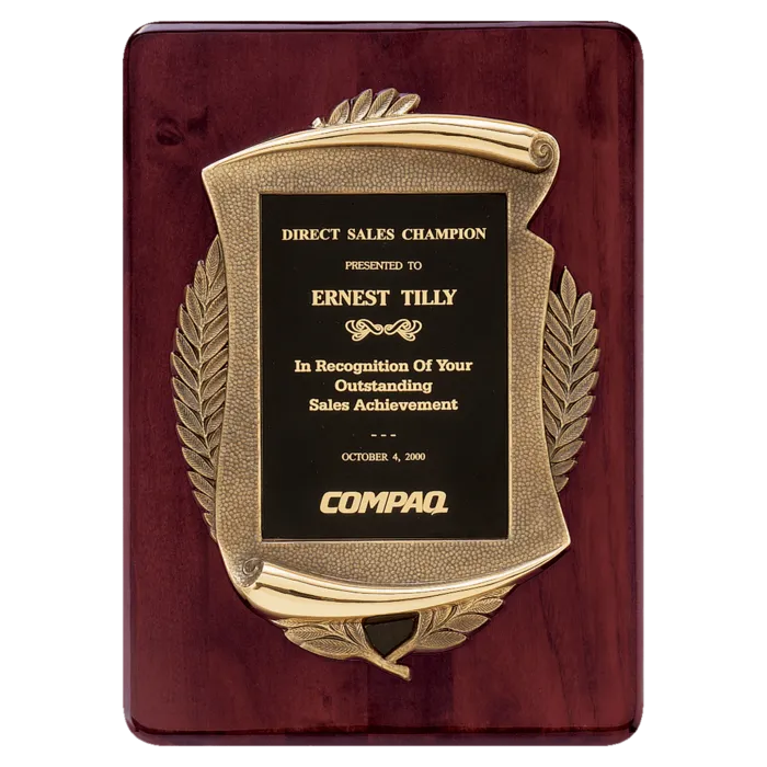 11" x 15" Rosewood Piano Finish Plaque w/Antique Bronze Scroll Frame and Black Brass Plate