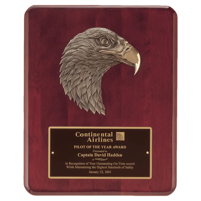 8" X 10 1/2" Rosewood Piano Finish Plaque with Finely Detailed Bronze Eagle Head Casting with Black Laserable Brass Plate
