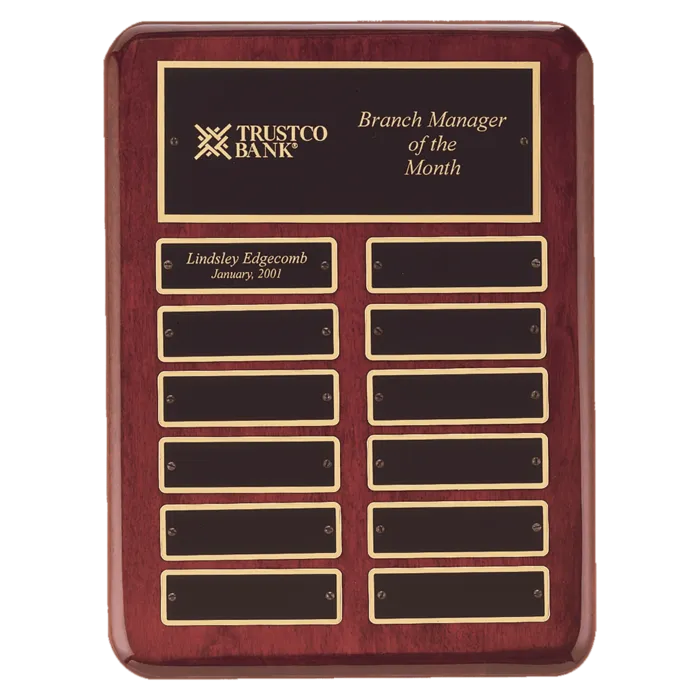 9" x 12" Rosewood Piano Finish 12 Perpetual Plates Plaque with Laserable Black Brass Plates