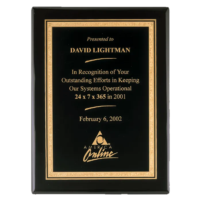 11" x 14" Airflyte Premium Black Piano Finish Plaque with Gold Florentine Border LaserFX Plate
