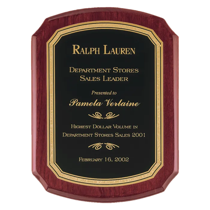 11" x 15" Airflyte Rosewood Piano Finish Plaque with Black/Gold Florentine Border LaserFX plate