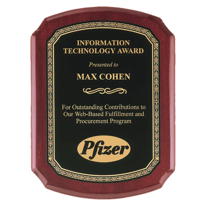 10 1/2" x 13" Airflyte Rosewood Piano Finish Plaque with Black Florentine Gold LaserFX Plate