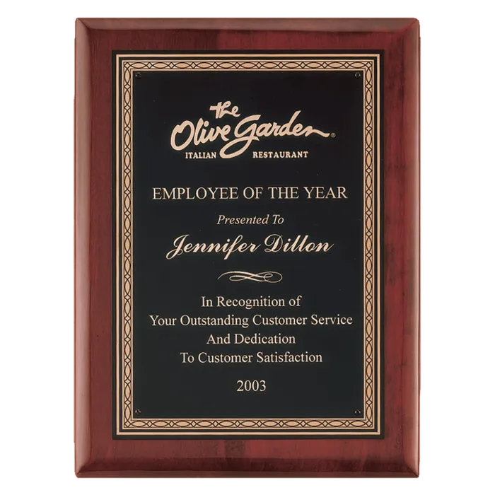 10 1/2" x 13" Airflyte Premium Rosewood Piano Finish Plaque with Gold Border Black Laserable Brass Plate