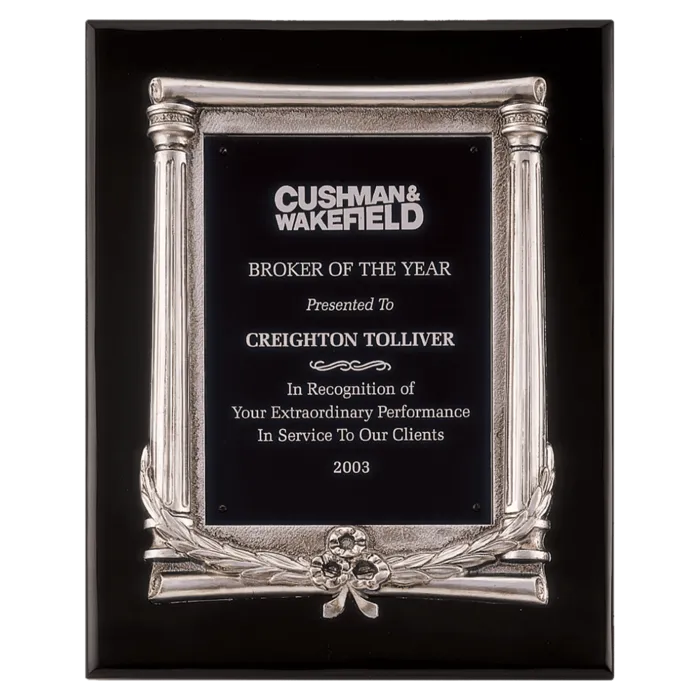 10 1/2" x 13" Black Piano Finish Plaque, Antique Silver Frame Casting & Black Aluminum Plate