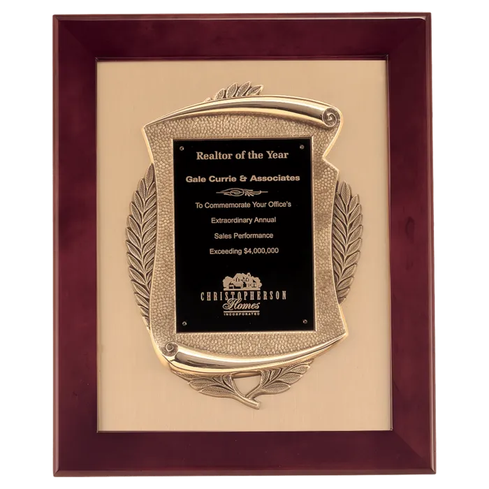 14" x 17" Rosewood Piano Finish Frame with Antique Bronze Casting with Black LaserFX Plate on Brushed Gold Metal Background