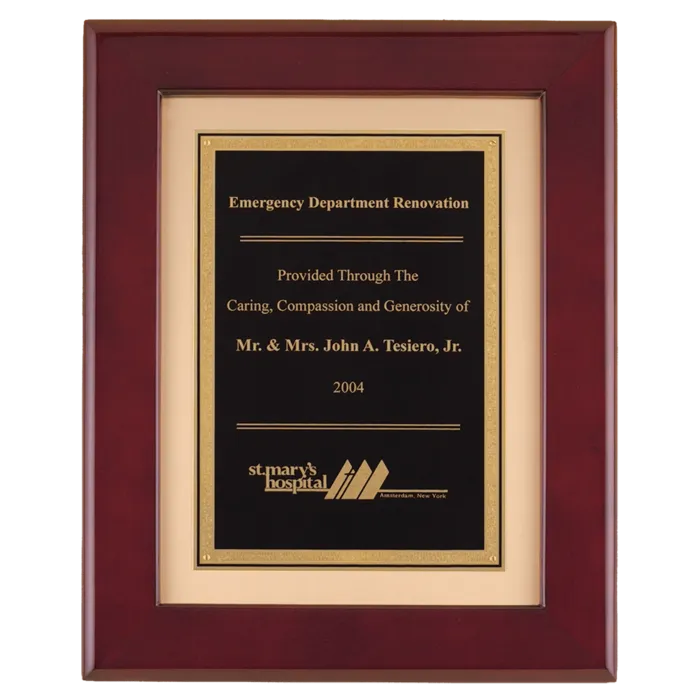 12" x 15" Rosewood Piano Finish Frame with Black LaserFX Plate on Brushed Gold Metal Background