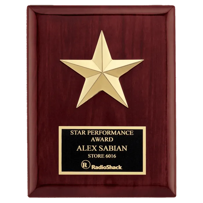 6" x 8" Star Casting with Gabled Points and Goldtone Finish on a Rosewood Piano Finish Plaque with a Black Laserable Plate