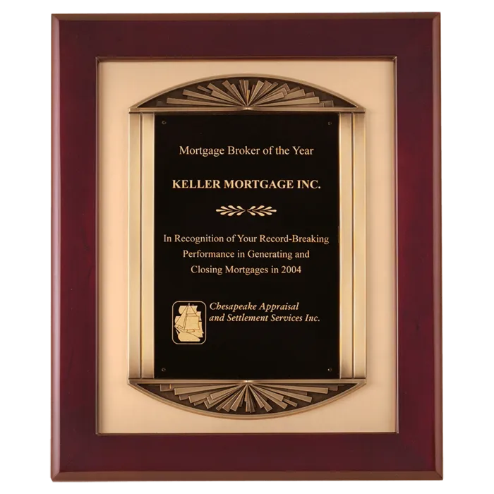 14" x 17" Rosewood Piano Finish Frame with Antique Bronze Finish Frame Casting with Brushed Gold Metal Background and Black LaserFX Plate