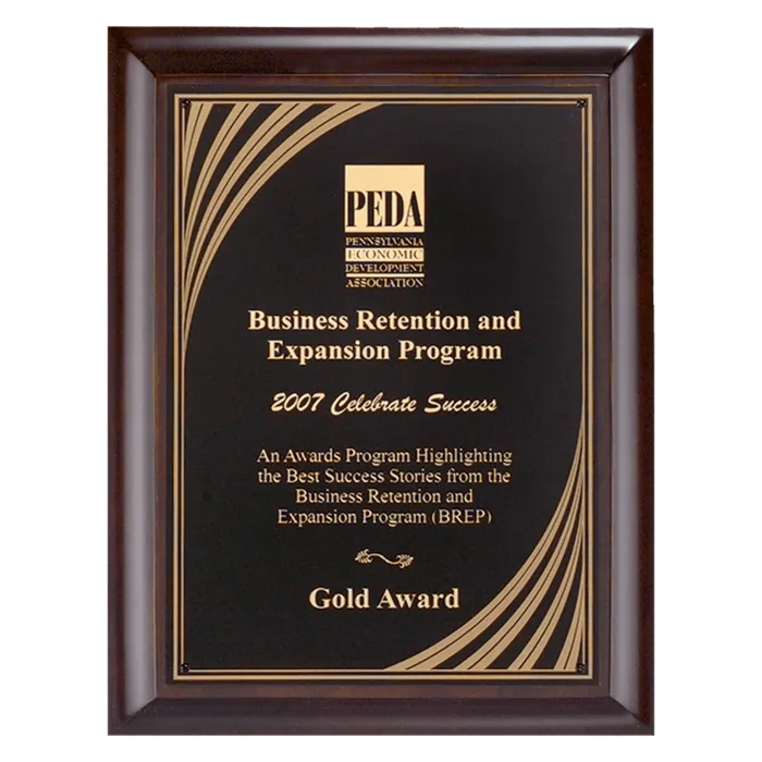 11" x 14" Hand Rubbed Cherry Finish Plaque with Cascading Gold Swirl Design Laserable Black Brass Plate