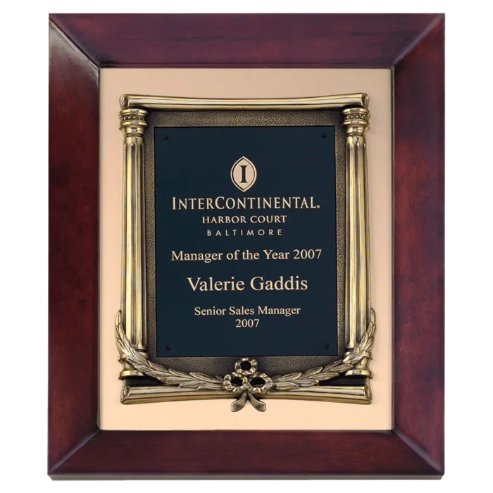 12" x 15" Airflyte Cherry Finish Frame with Antique Bronze Finished Metal Frame on a Brushed Gold Metal Background with a Laserable Black Brass Plate
