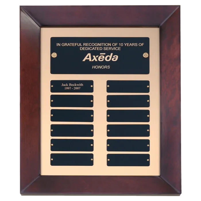 12" x 15" Airflyte Cherry Finish Frame Perpetual Plaque with Gold Metal Background and 12 Laserable Black Brass Plates