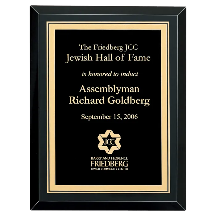7" x 9" Airflyte Premium Black Mirror Glass Plaque with Gold Florentine Border LaserFX Plate
