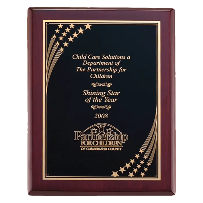 8" x 10 1/2" Airflyte Rosewood Piano Finish Plaque with Gold Florentine Star Border LaserFX Plate