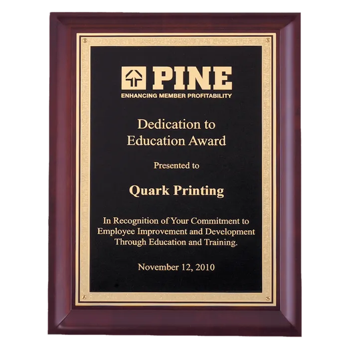9" x 12" Hand Rubbed Cherry Finish Plaque with Gold Florentine Border Black LaserFX Plate
