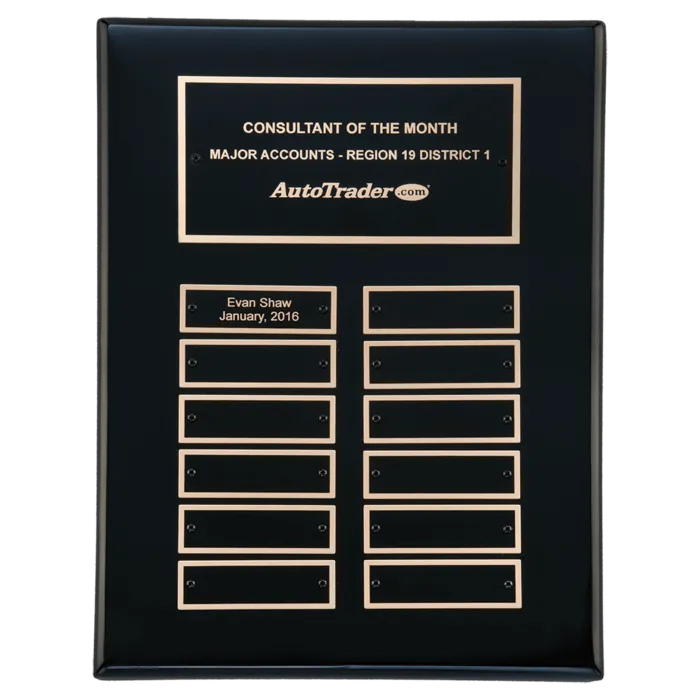 9" x 12" Airflyte Black Piano Finish 12 Plate Perpetual Plaque with Black Brass Plates