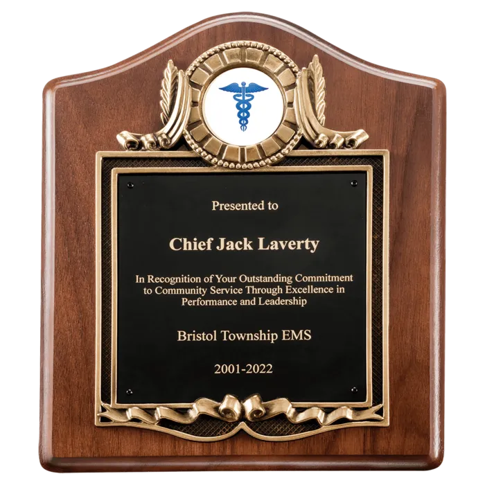 10" x 12" American Walnut Plaque with Gold Border Decorative Frame with 2" Insert Holder, Laserable Black Brass Plate- Witney Series