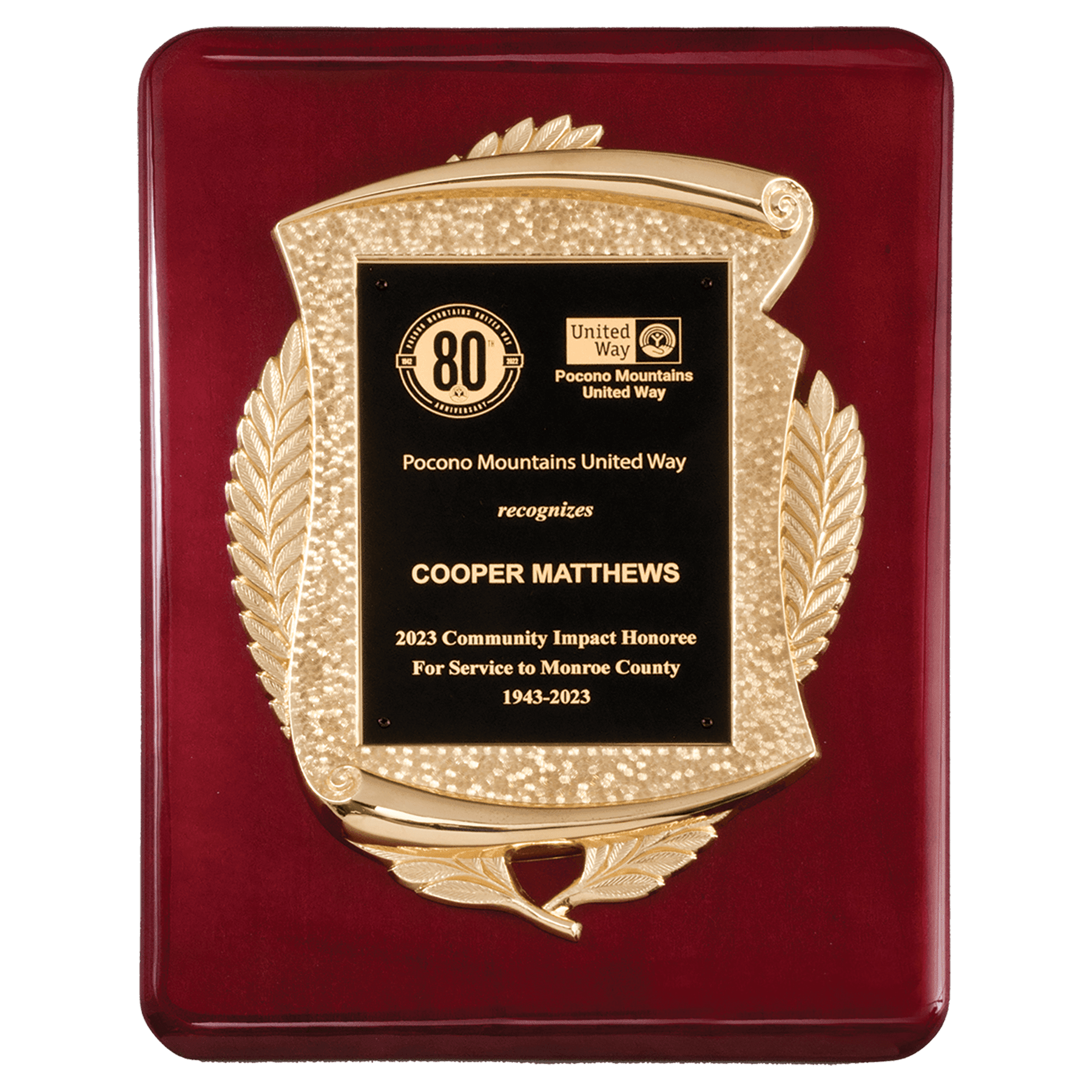 Rosewood piano finish custom plaque with gold engraving plate