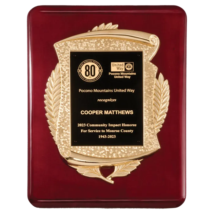 11" x 15" Rosewood Piano Finish Plaque with Metal Gold Scroll Frame Casting and Black LaserFX Plate