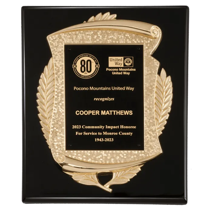 10 1/2" x 13" Black High Gloss Plaque with Metal Gold Scroll Frame Casting with Black LaserFX Plate