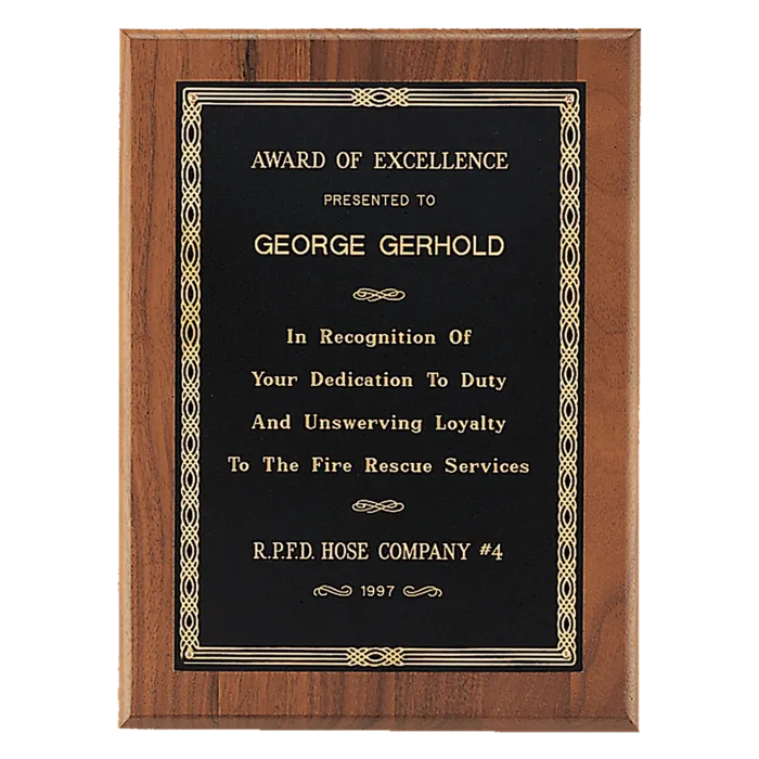 9" x 12" Jewelers Black Laserable Gold Border Plate on an American Walnut Plaque- Sheffield Series