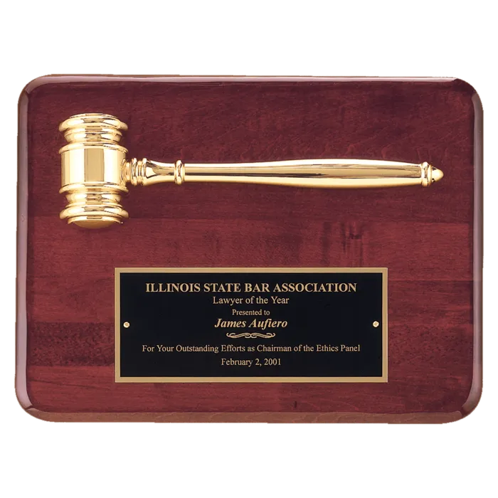 9" x 12" Rosewood Piano Finish Plaque with a Gold Electroplated Gavel and Laserable Black Brass Plate for Personalization