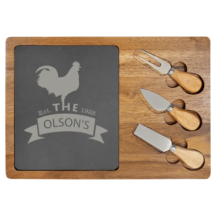 13 3/4" x 9 3/4" Acacia Wood/Slate Rectangle Cheese Set with Three Tools